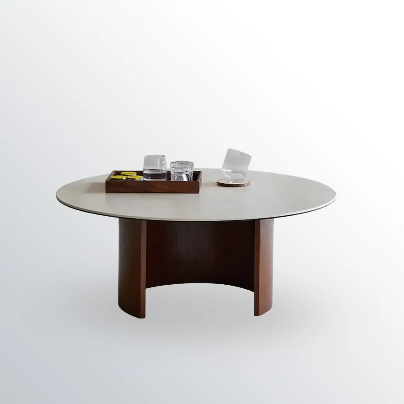 Modern Travertine White Round Coffee Table with Unique Base Image - 2