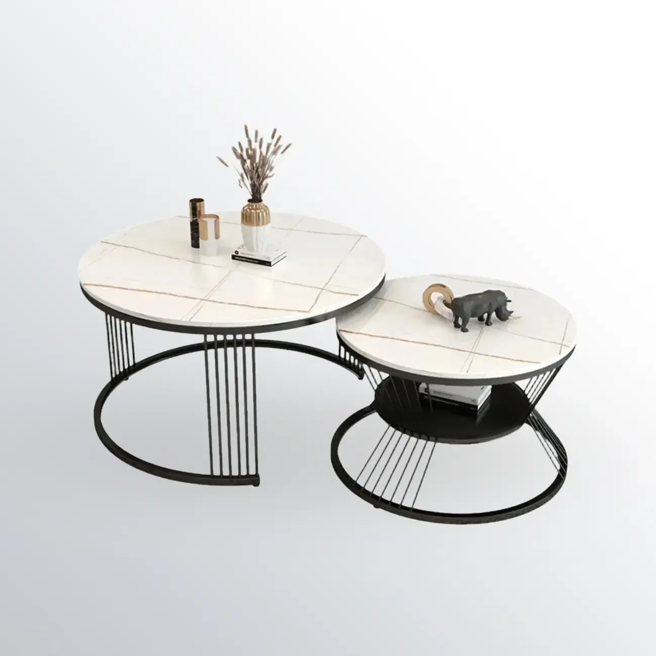 Small Modern Metal&Marble Round Coffee Table Set with Shelf Image - 5