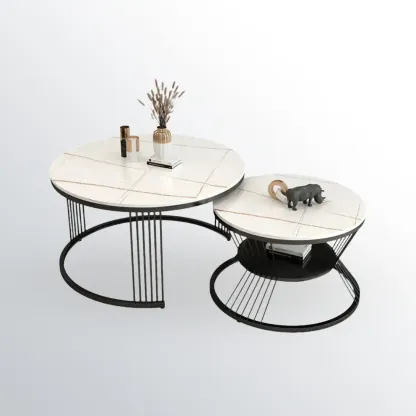 Small Modern Metal&Marble Round Coffee Table Set with Shelf Image - 5
