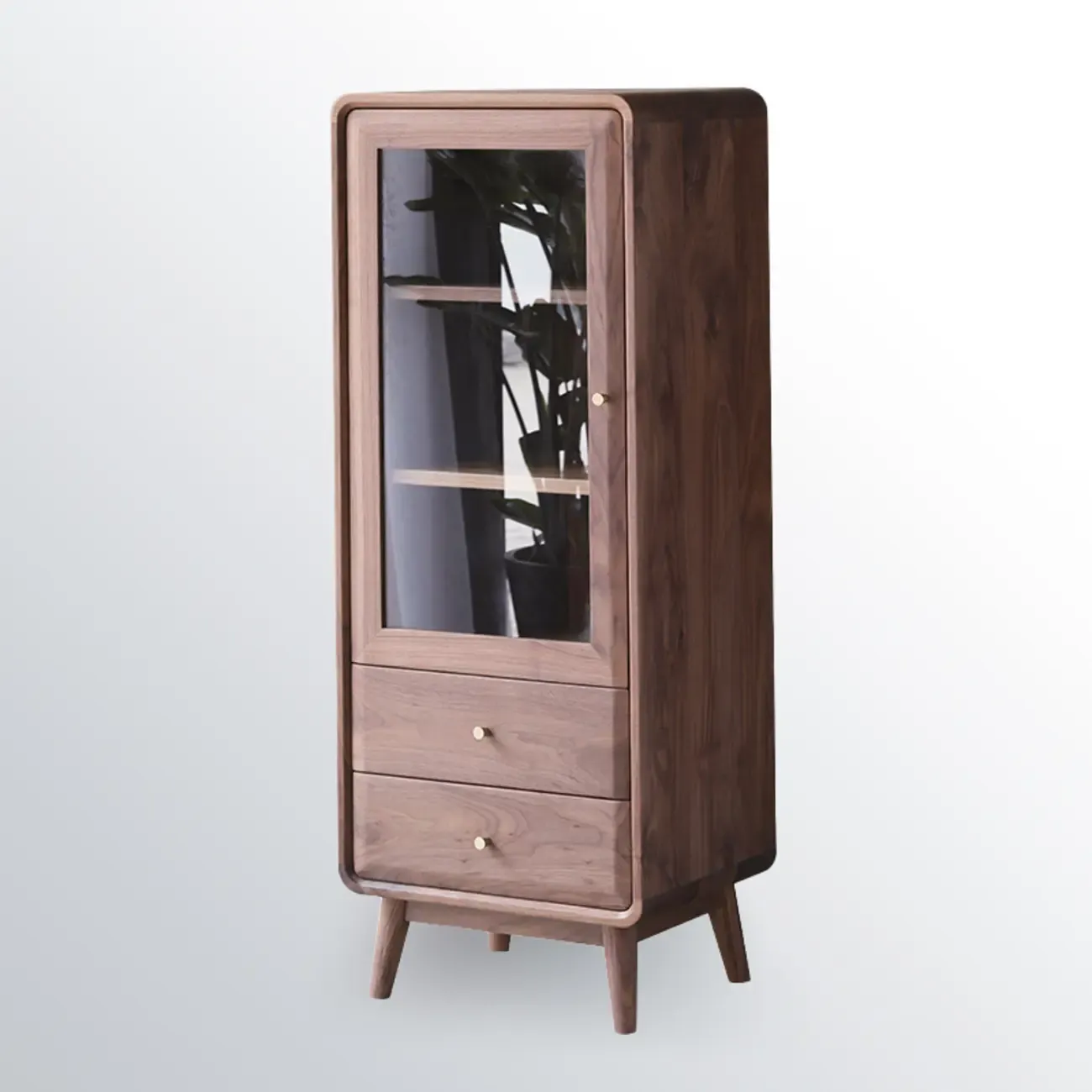 Mid-Century Brown Accent Cabinet with glass Door & 2 Drawers Image - 8