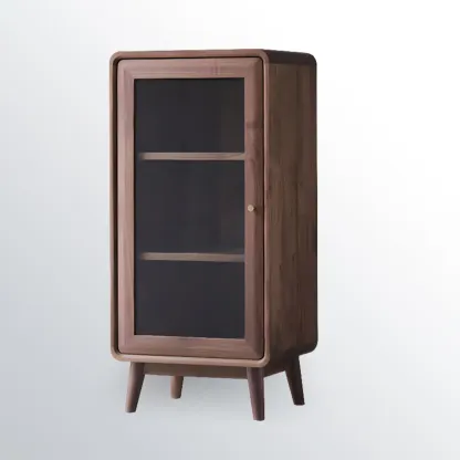 Mid-Century Brown Accent Cabinet with glass Door & 2 Drawers Image - 15