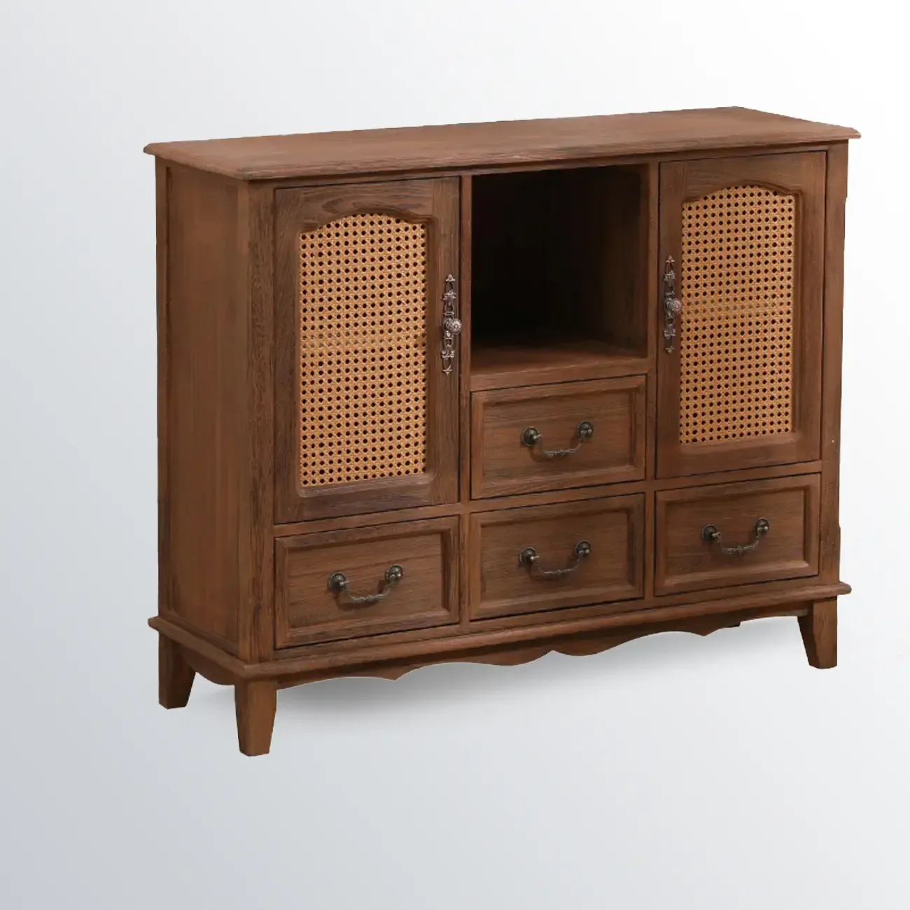 Rustic Wooden Cabinet with Rattan-Weaved for Living Room  Image - 9