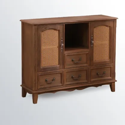Rustic Wooden Cabinet with Rattan-Weaved for Living Room  Image - 9