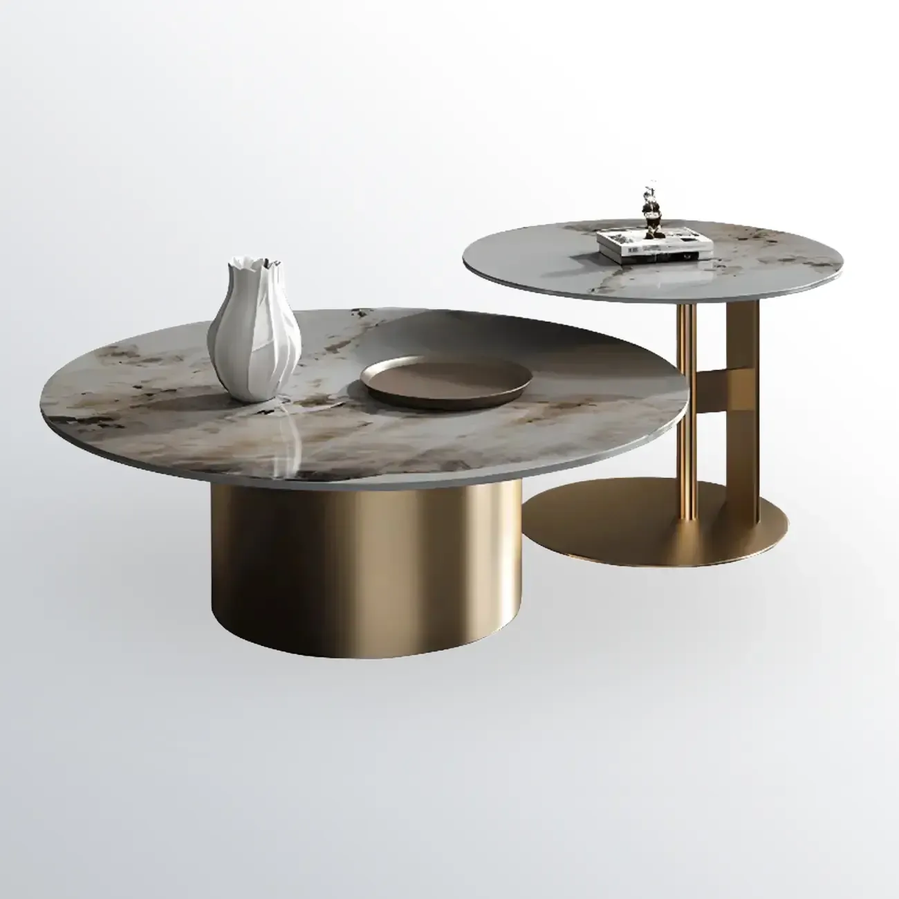 Modern Gray Round Nesting Coffee Table Set with Marble Top Image - 4