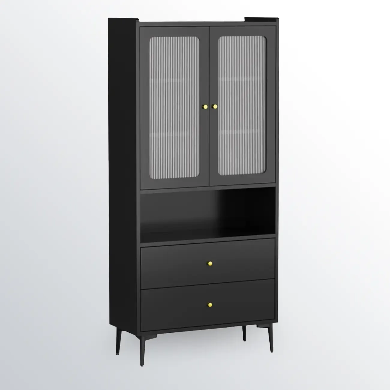 Modern Black Storage Cabinet with Exterior Shelf & Drawers Image - 2