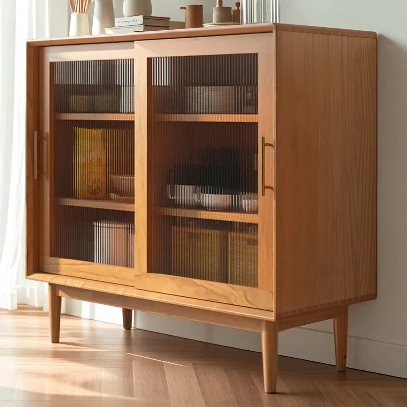 Nordic Kitchen Cabinet with Glass Doors & Straight Legs  Image - 1 | homeyfad