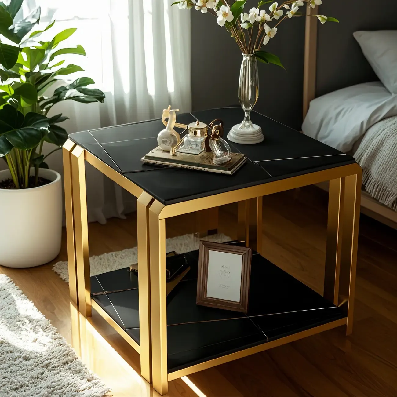 Casual 2-tier Square Sintered Stone Top Side Table Image - 1