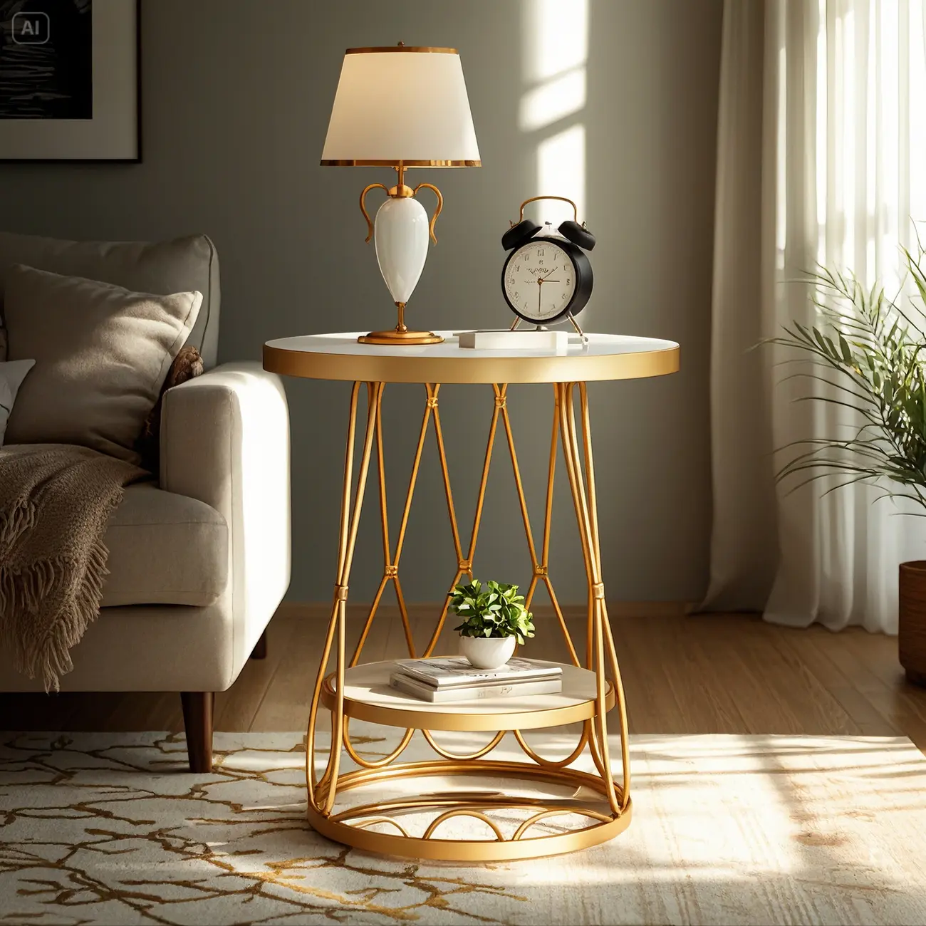 Round Gold Marble End Table with Storage for Living Room Image - 1 | homeyfad