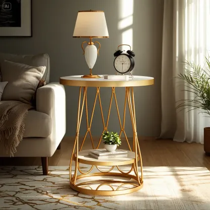 Round Gold Marble End Table with Storage for Living Room Image - 1
