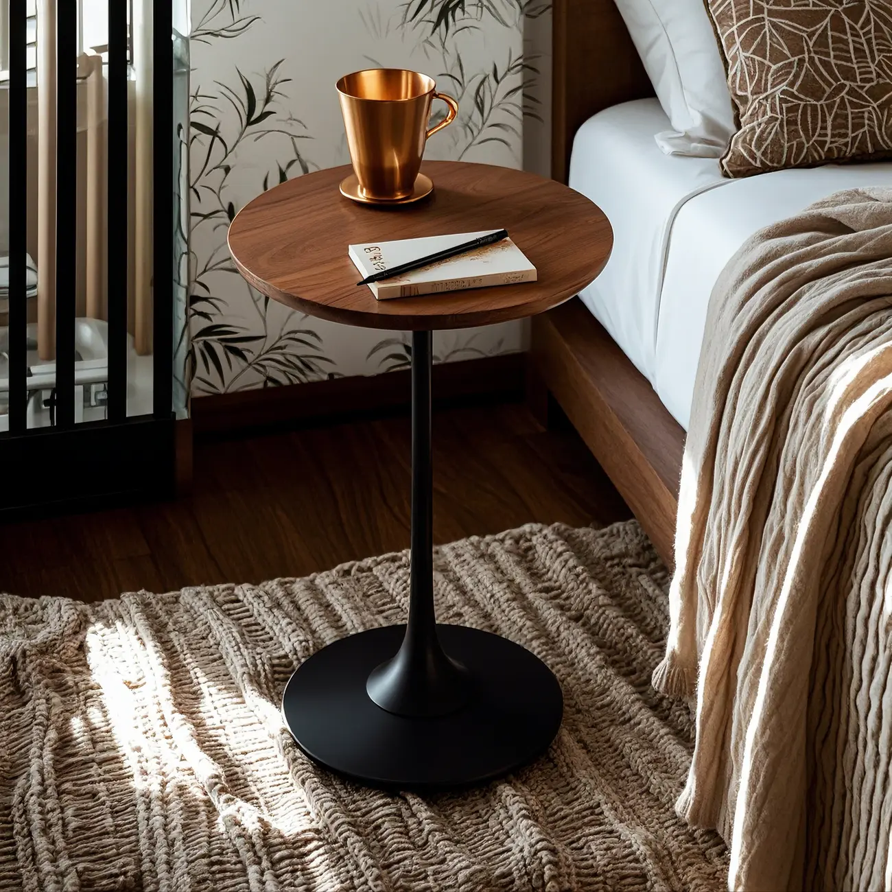 Minimalist Round Brown Wood End Table with Metal Base Image - 1 | homeyfad
