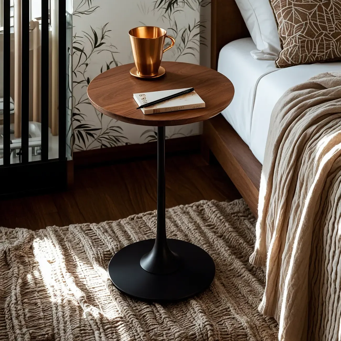 Minimalist Round Brown Wood End Table with Metal Base Image - 1