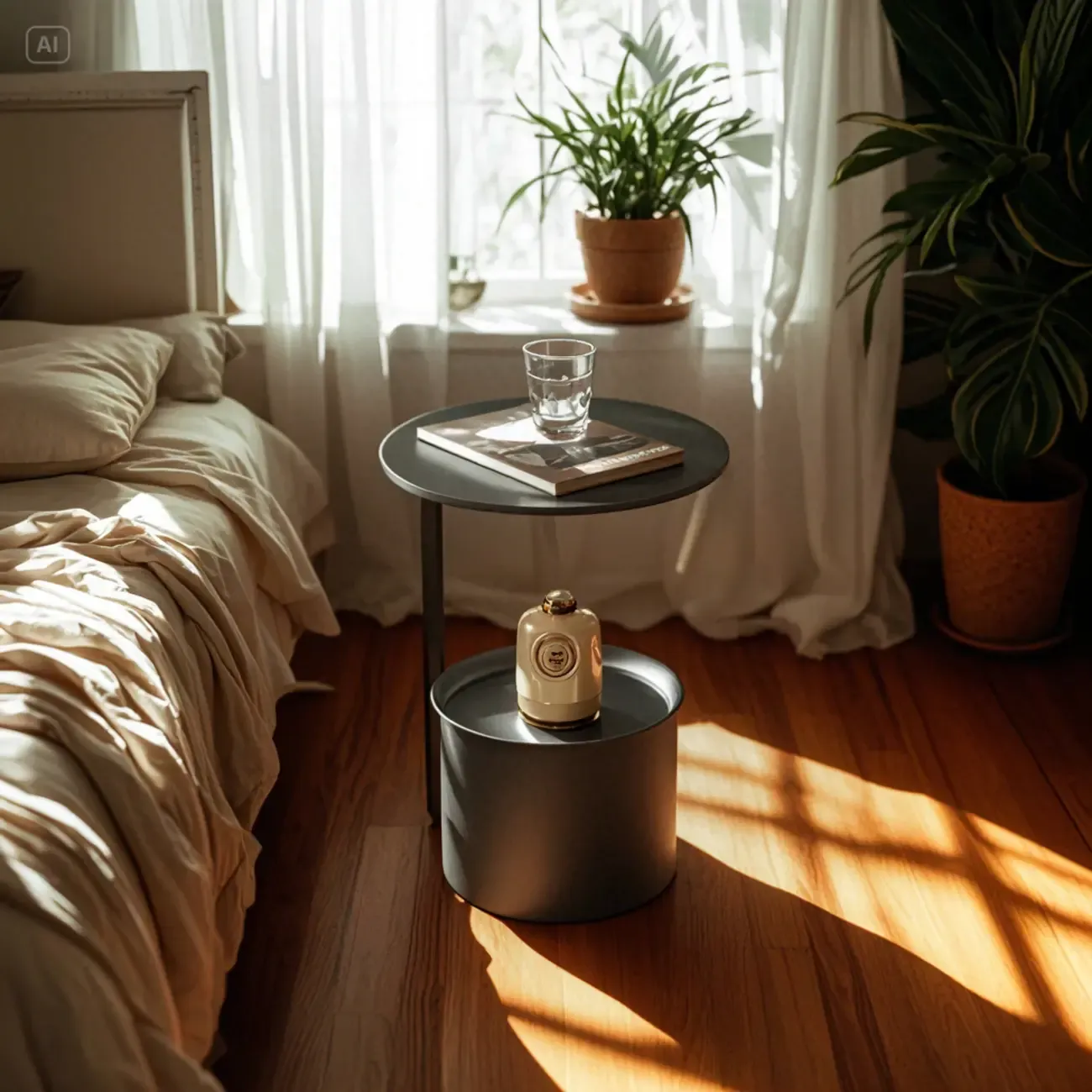Glam Round Marble Side Table with Gold Metal Drum Storage Image - 3