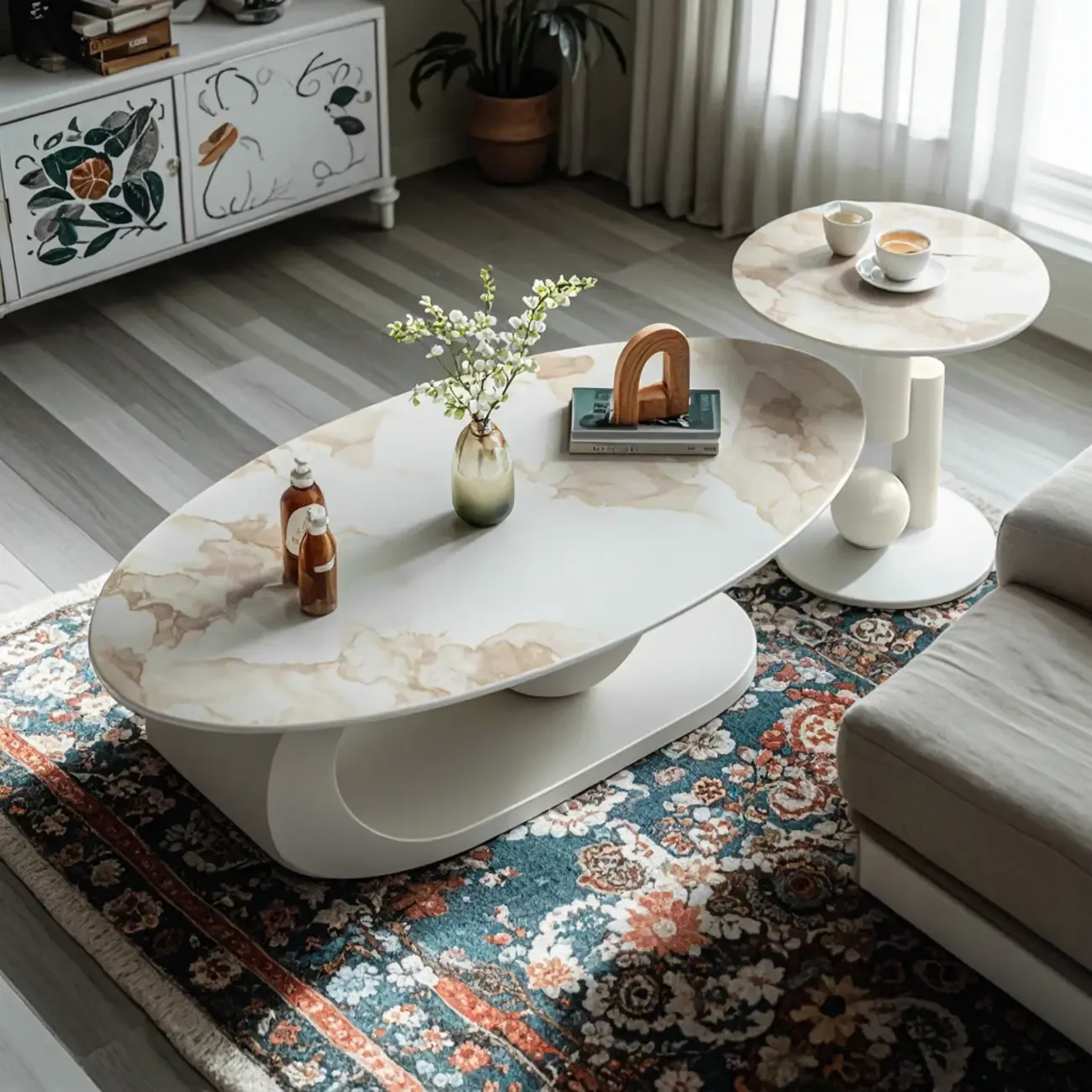 White Stone Oval Modern Bunching Accent Tables Image - 4
