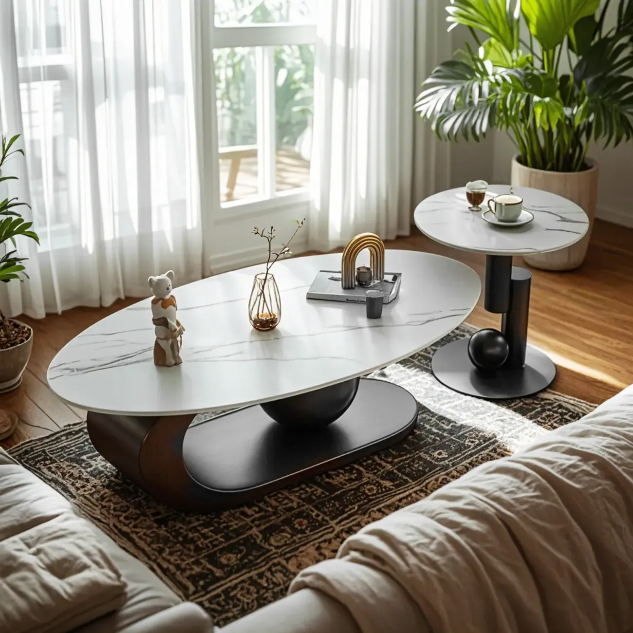 White Stone Oval Modern Bunching Accent Tables Image - 5