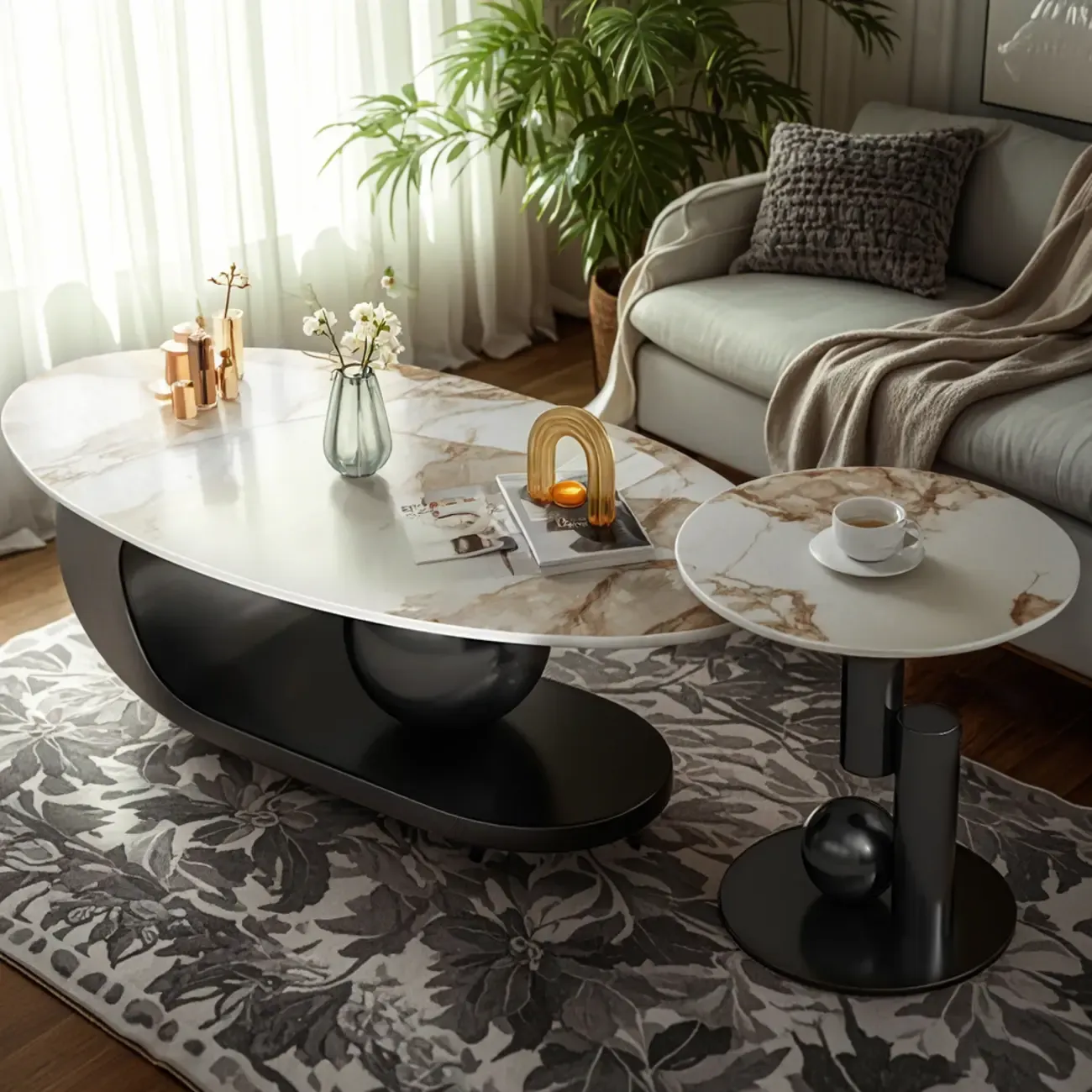 White Stone Oval Modern Bunching Accent Tables Image - 6