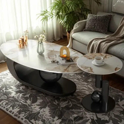White Stone Oval Modern Bunching Accent Tables Image - 6