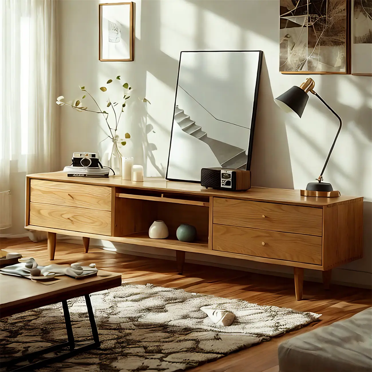 Traditional Wooden TV Stands with Glass Accents for Home Image - 1 | homeyfad