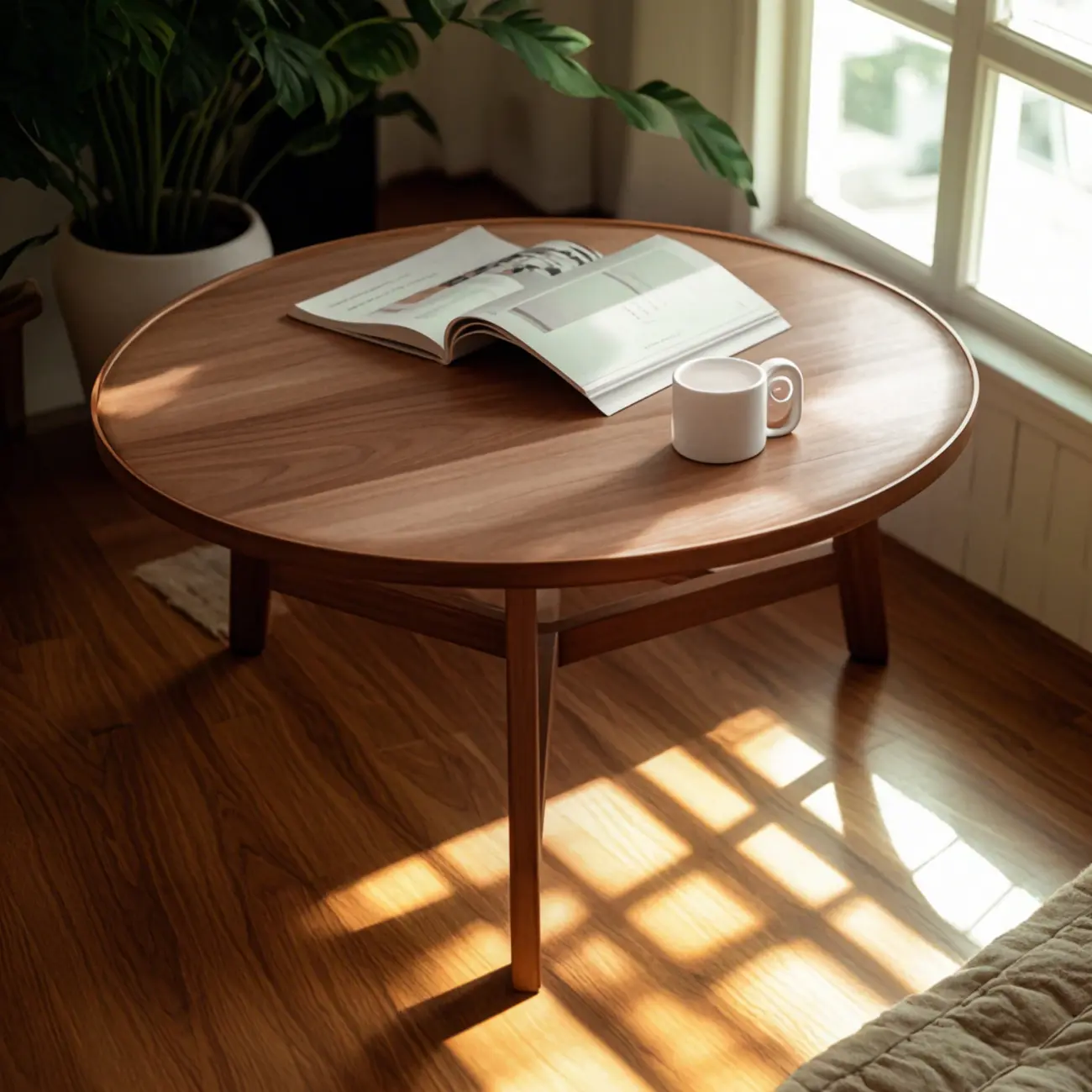 Mid-century Wooden Round Coffee Table Set with Cross Legs Image - 2 | homeyfad