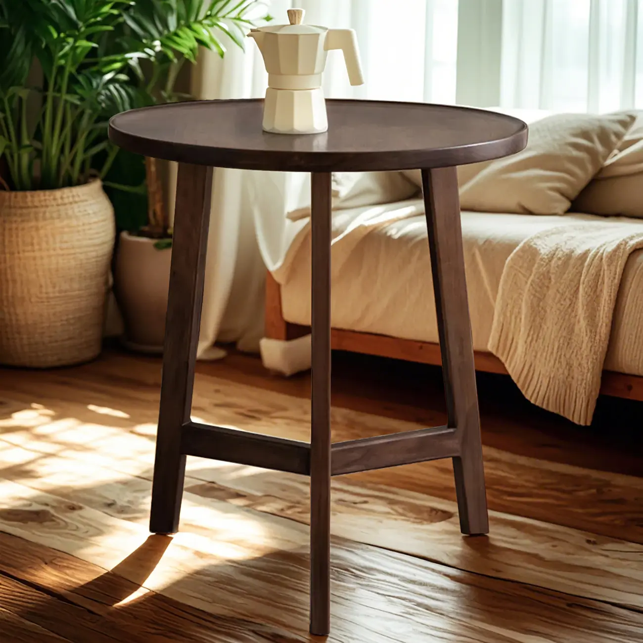 Mid-century Wooden Round Coffee Table Set with Cross Legs Image - 3 | homeyfad