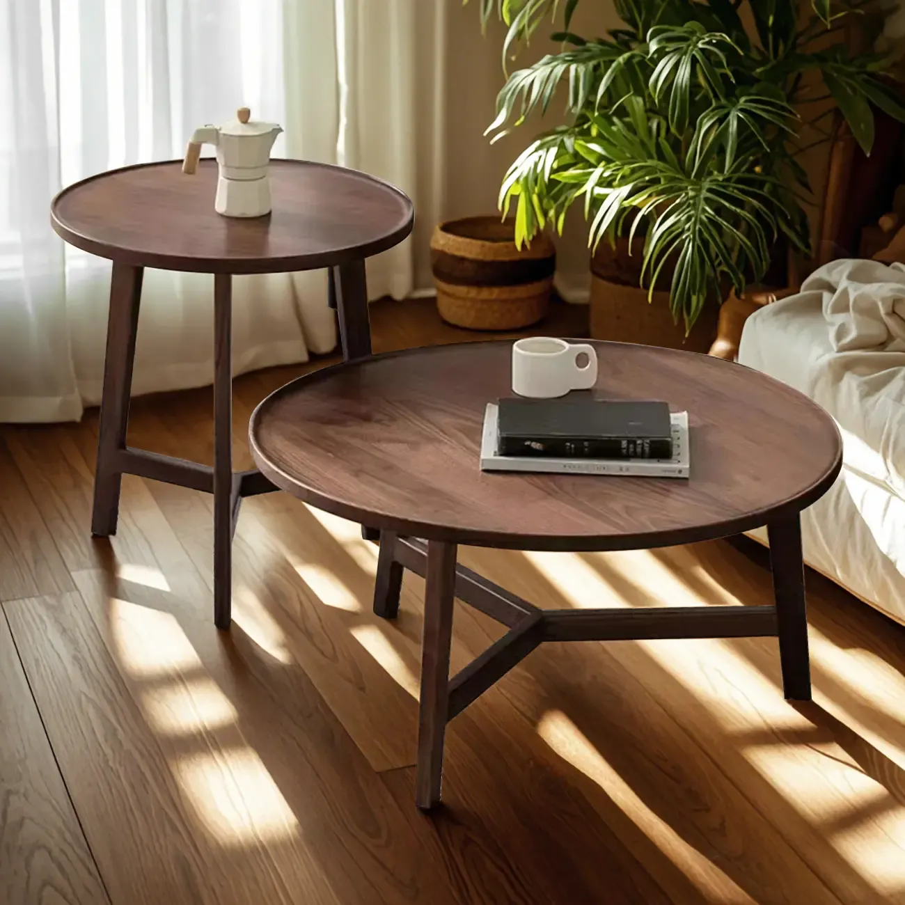 Mid-century Wooden Round Coffee Table Set with Cross Legs Image - 4