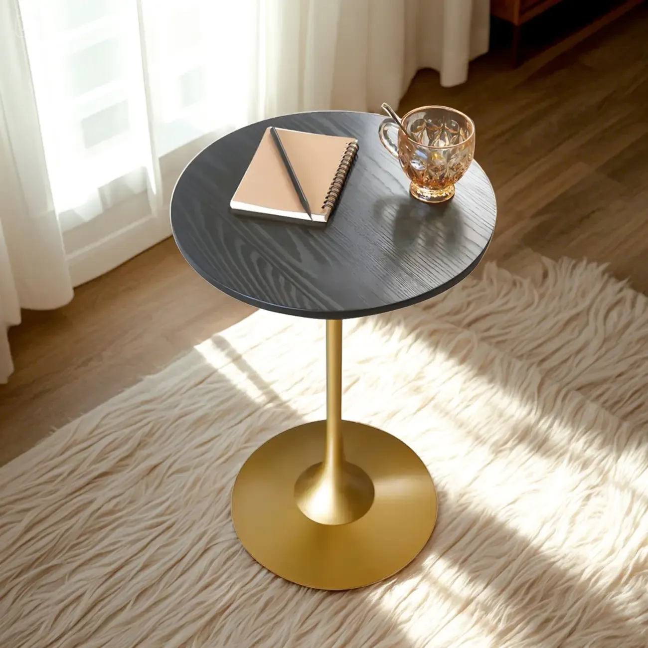 Minimalist Round Brown Wood End Table with Metal Base Image - 2