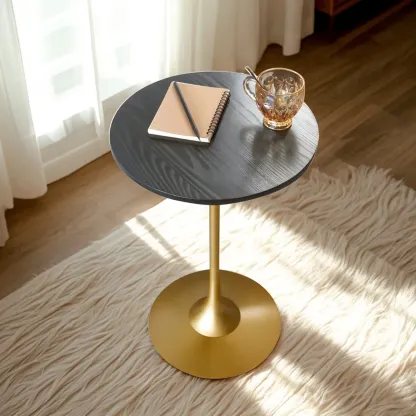 Minimalist Round Brown Wood End Table with Metal Base Image - 2