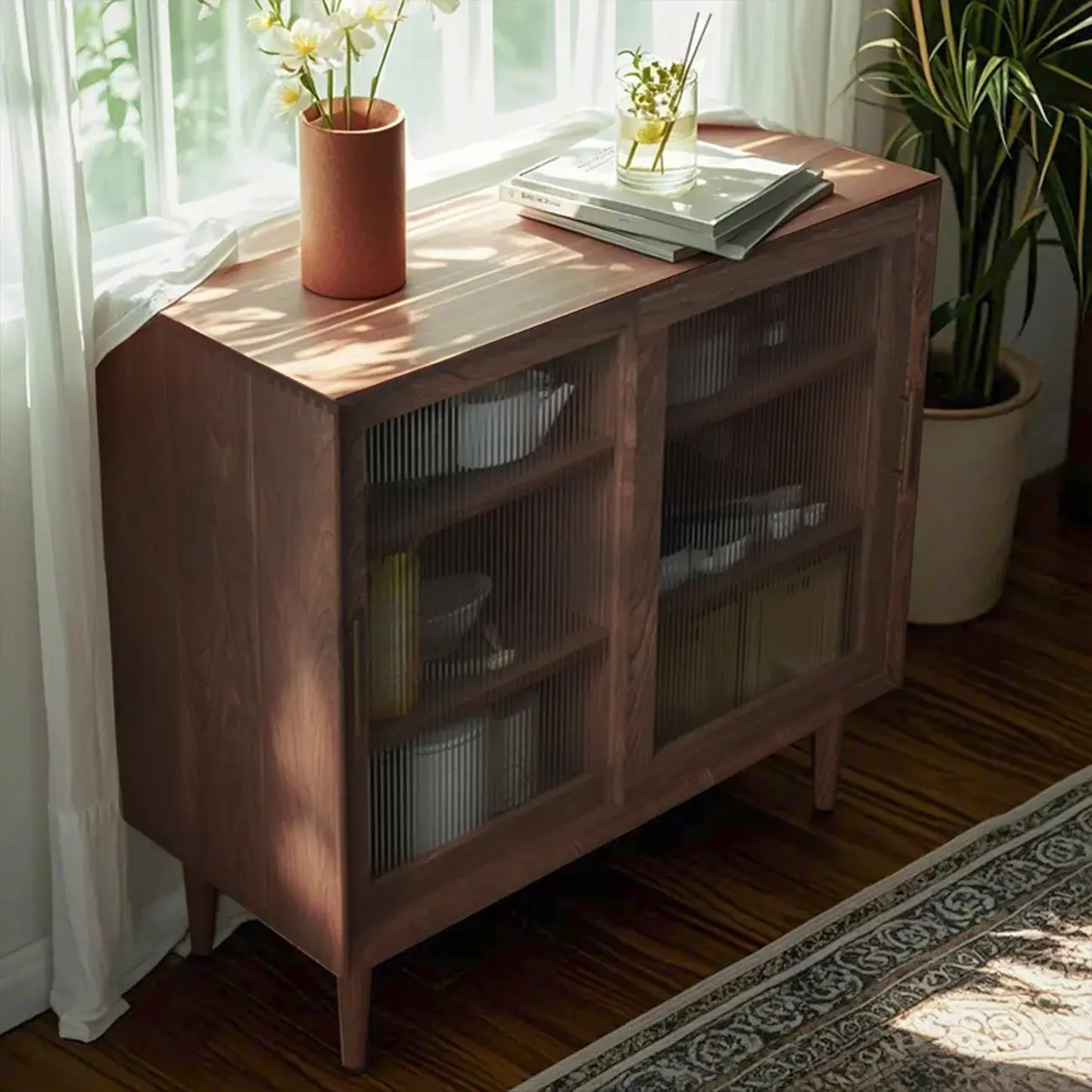 Nordic Kitchen Cabinet with Glass Doors & Straight Legs  Image - 4 | homeyfad