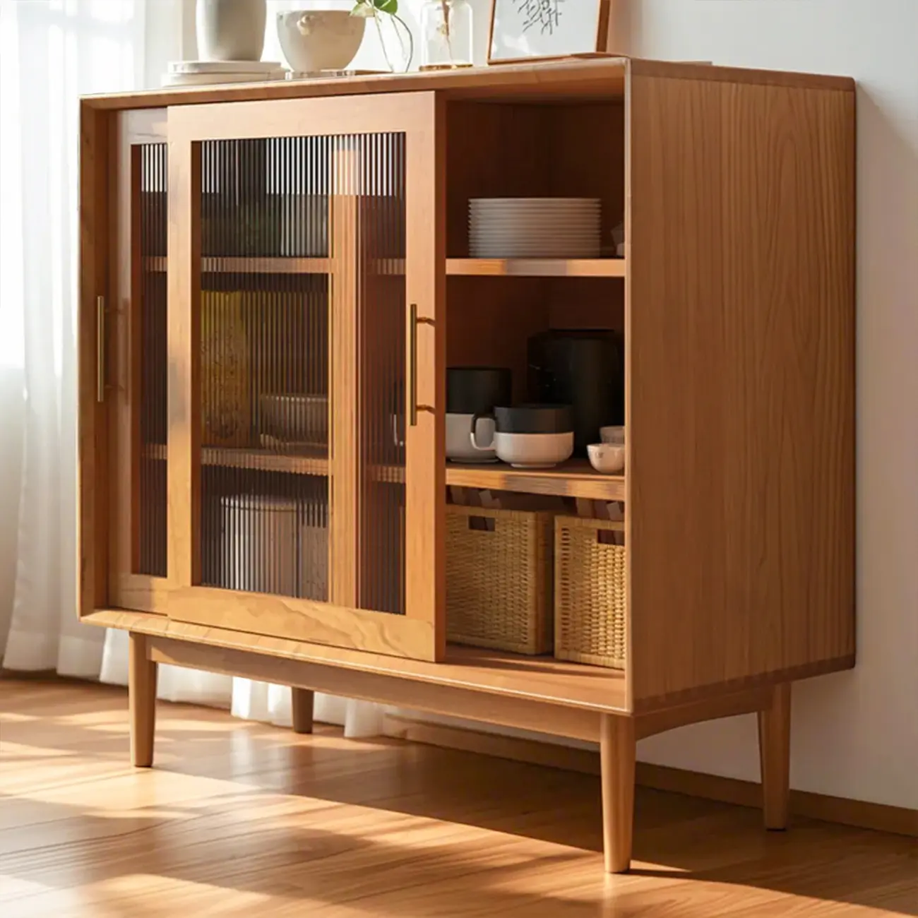 Nordic Kitchen Cabinet with Glass Doors & Straight Legs  Image - 3 | homeyfad