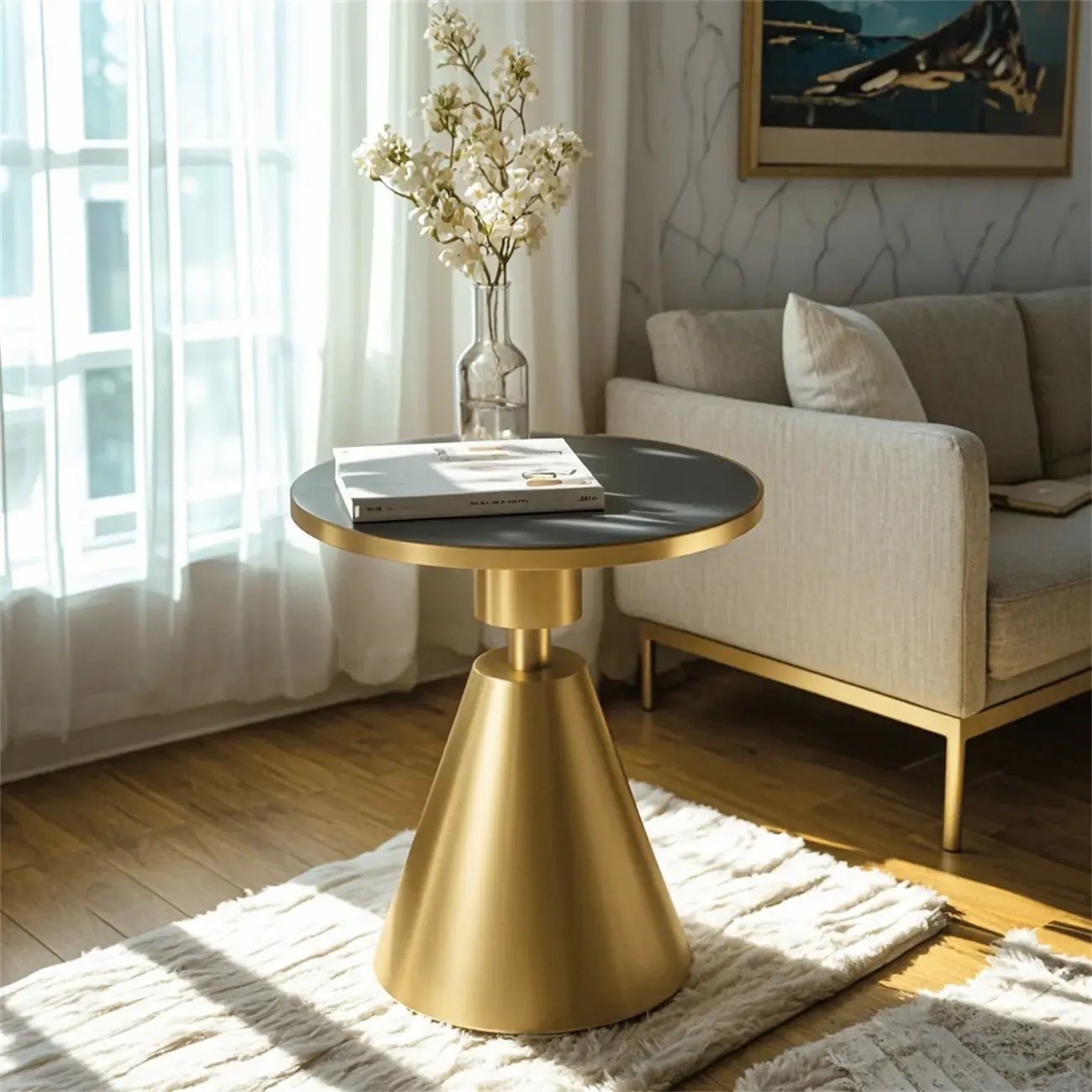 Simple Circular-shaped Midnight Chalk Sintered Stone Chairside Table with Pedestal Base Image - 4