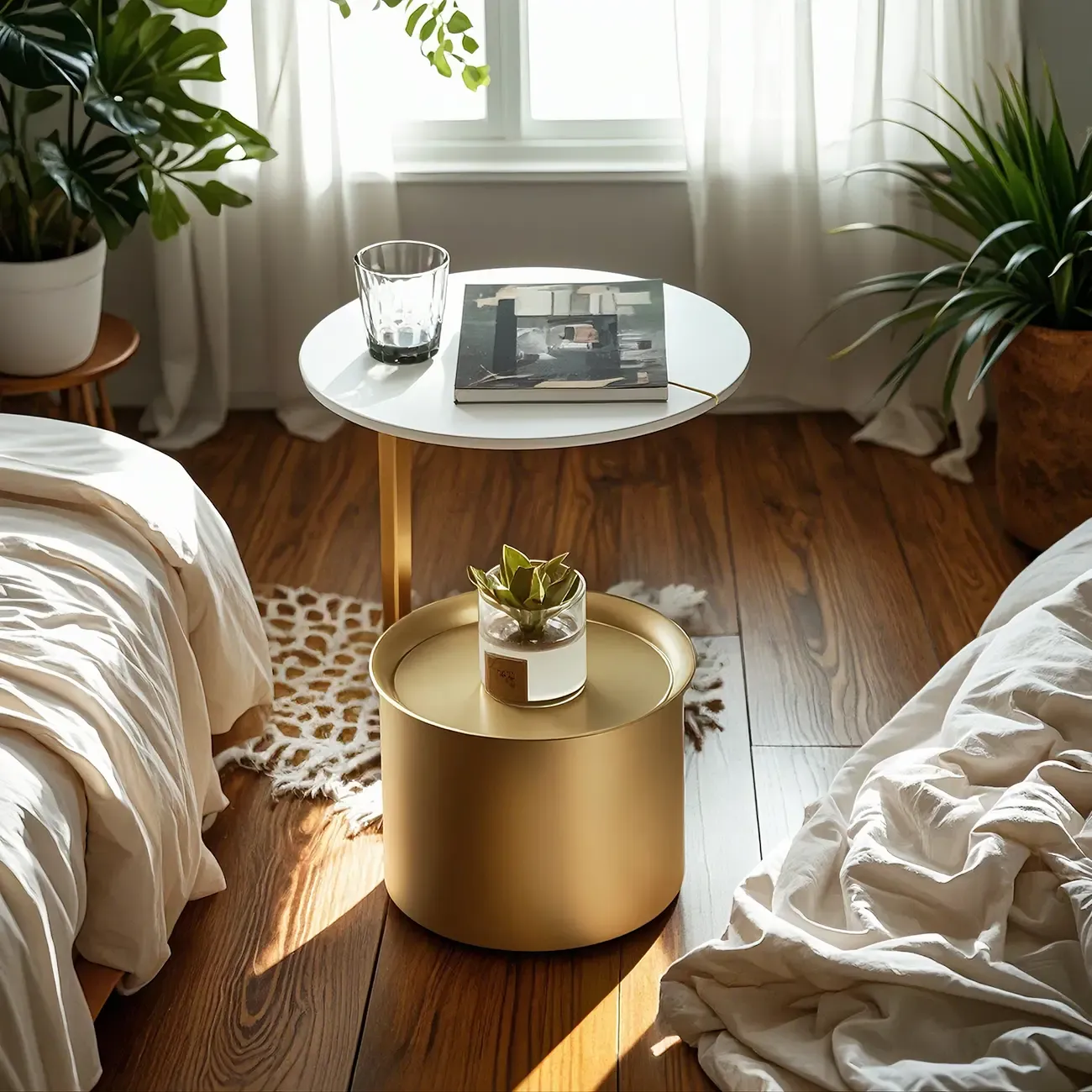 Glam Round Marble Side Table with Gold Metal Drum Storage Image - 1