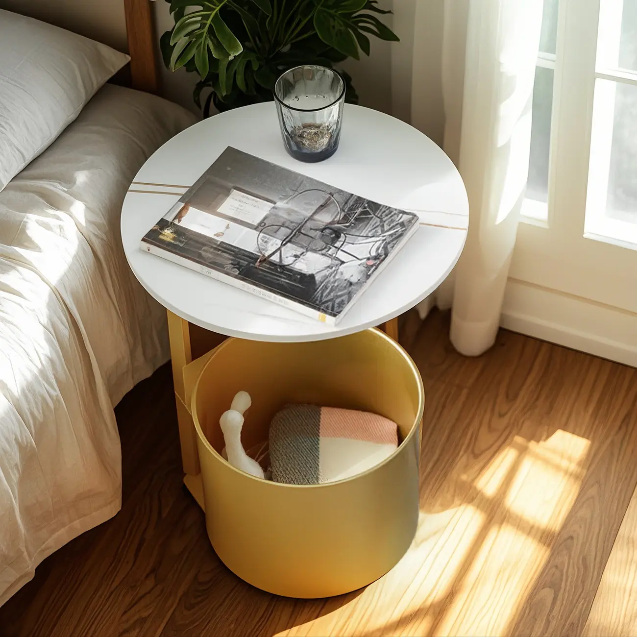 Glam Round Marble Side Table with Gold Metal Drum Storage Image - 2 | homeyfad