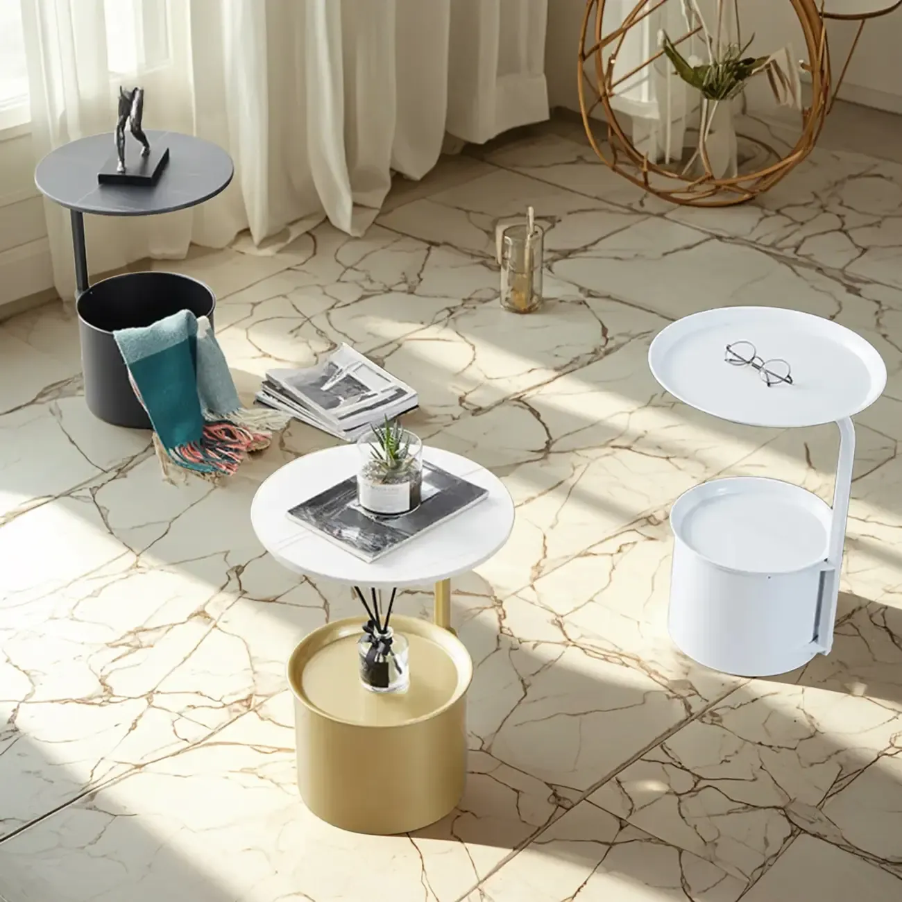 Glam Round Marble Side Table with Gold Metal Drum Storage Image - 8