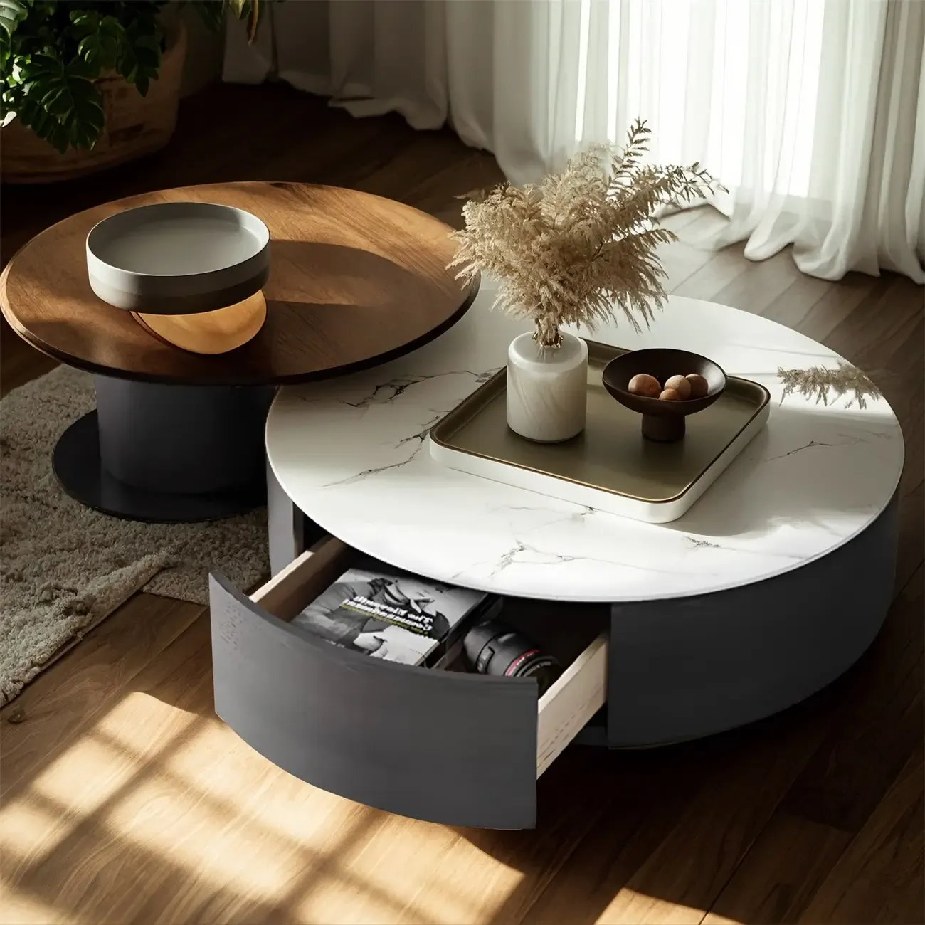 Modern Round White Nesting Coffee Table Set with Drawers Image - 1