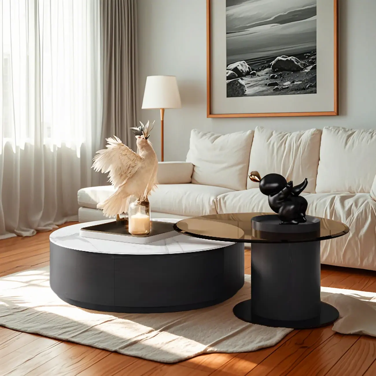 Modern Round White Nesting Coffee Table Set with Drawers Image - 2 | homeyfad