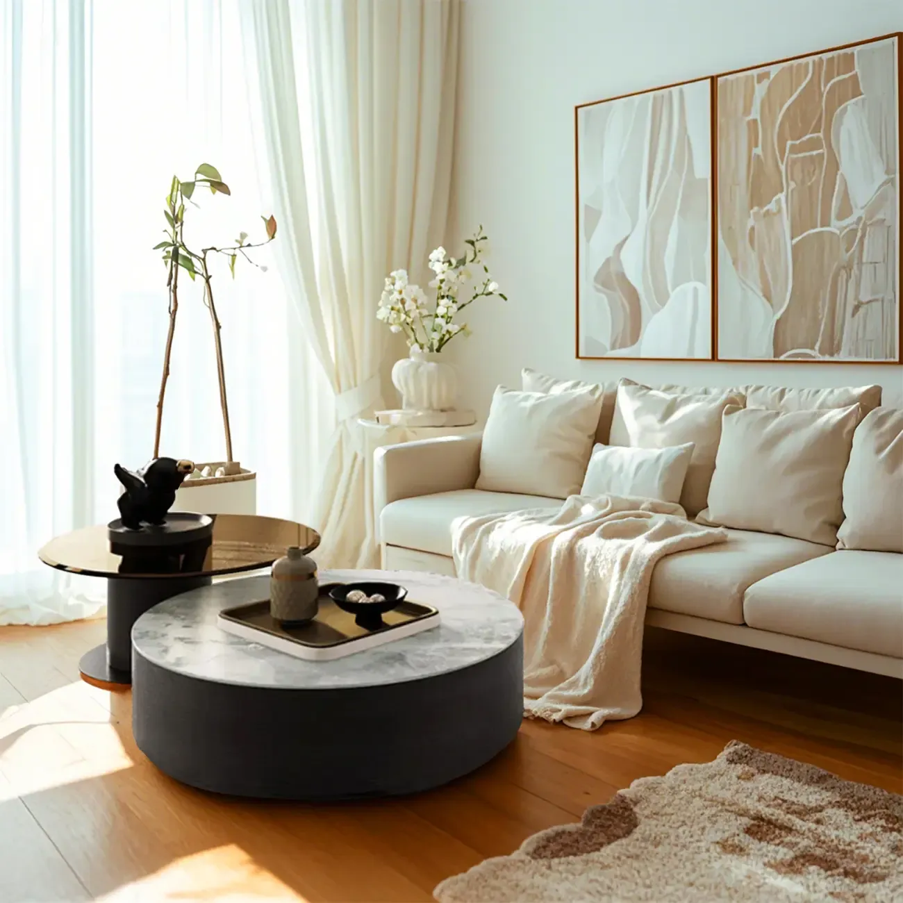 Modern Round White Nesting Coffee Table Set with Drawers Image - 3