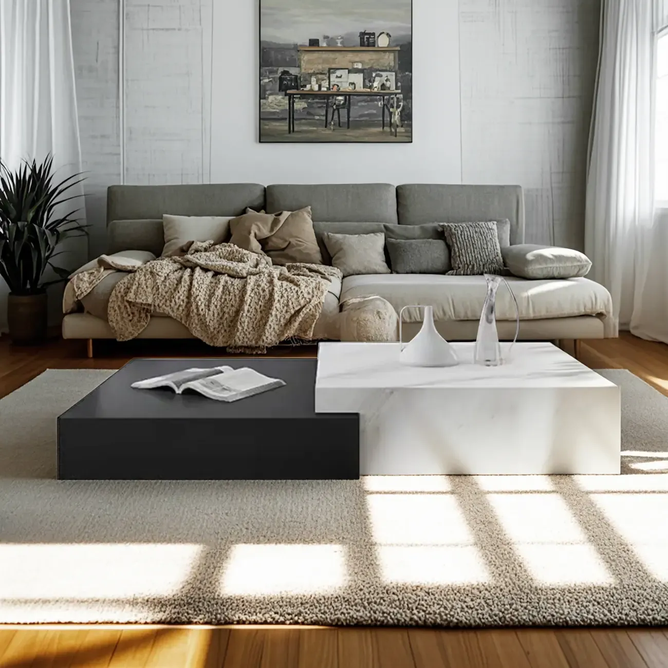 Modern Marble Nesting Coffee Table Set in Black and White Image - 1