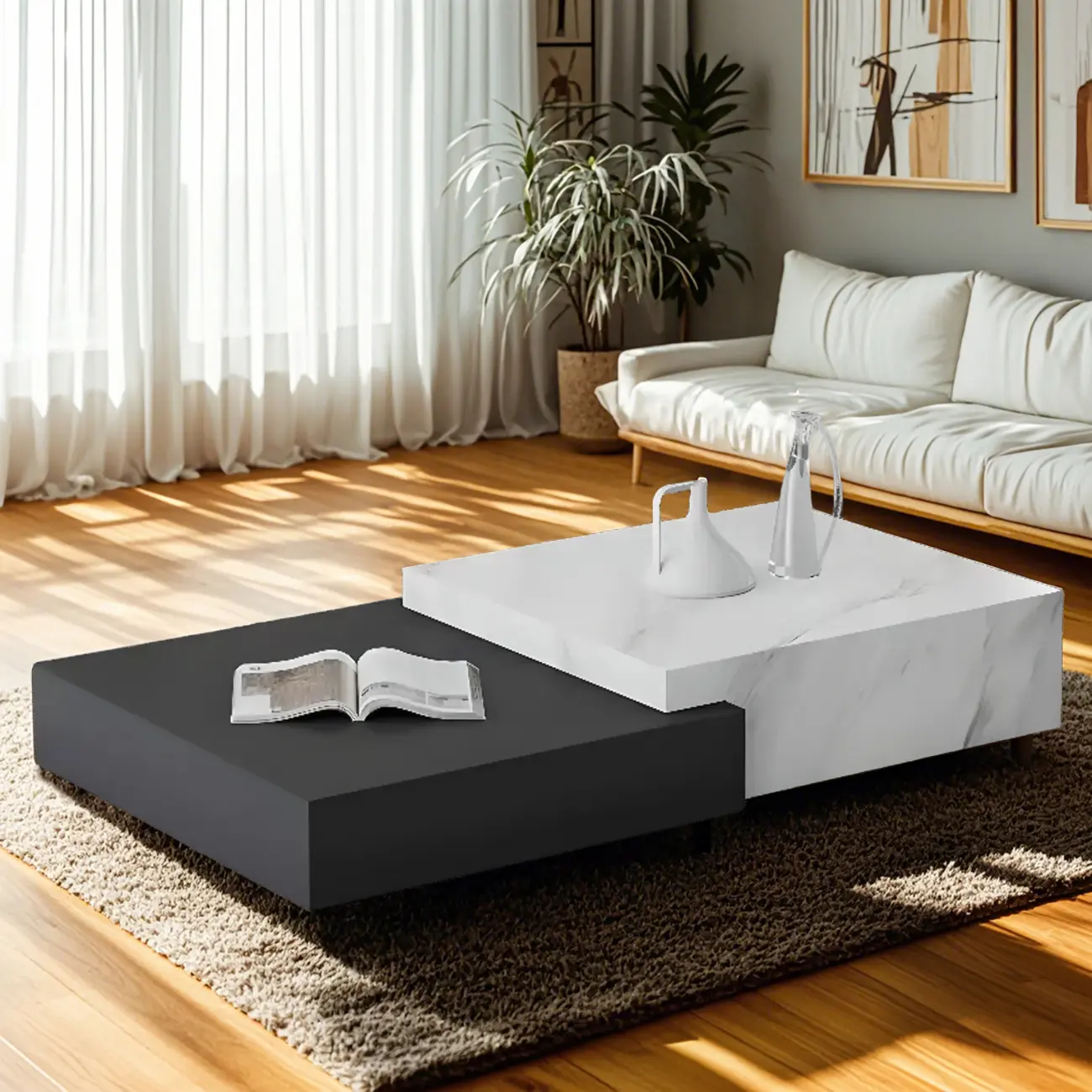 Modern Marble Nesting Coffee Table Set in Black and White Image - 2 | homeyfad