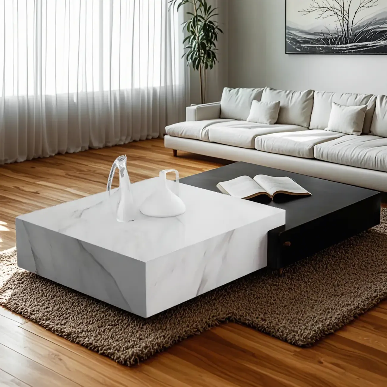 Modern Marble Nesting Coffee Table Set in Black and White Image - 3