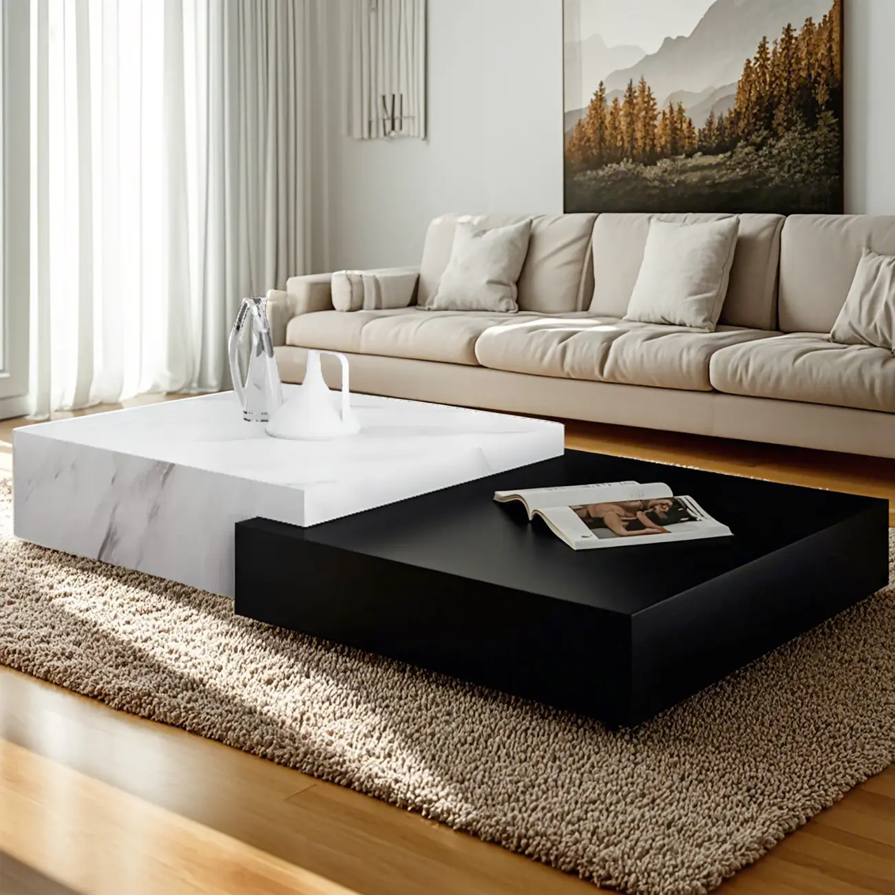 Modern Marble Nesting Coffee Table Set in Black and White Image - 4 | homeyfad