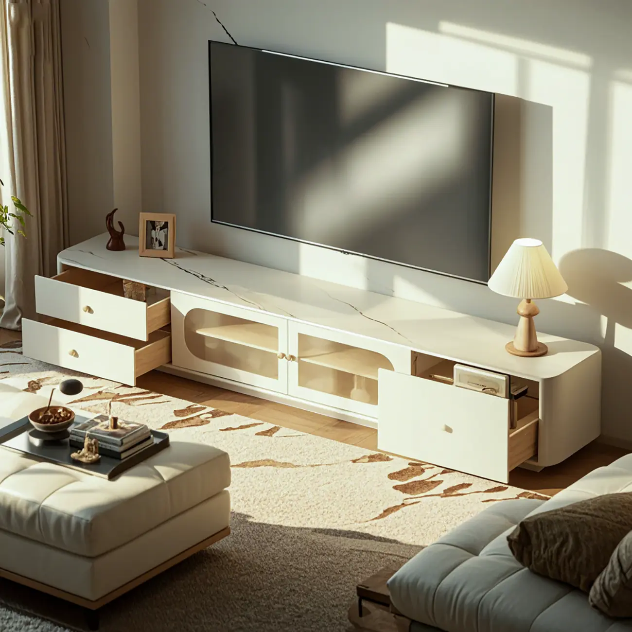 Modern Stone TV Stand with Storage and Cable Management Image - 2 | homeyfad