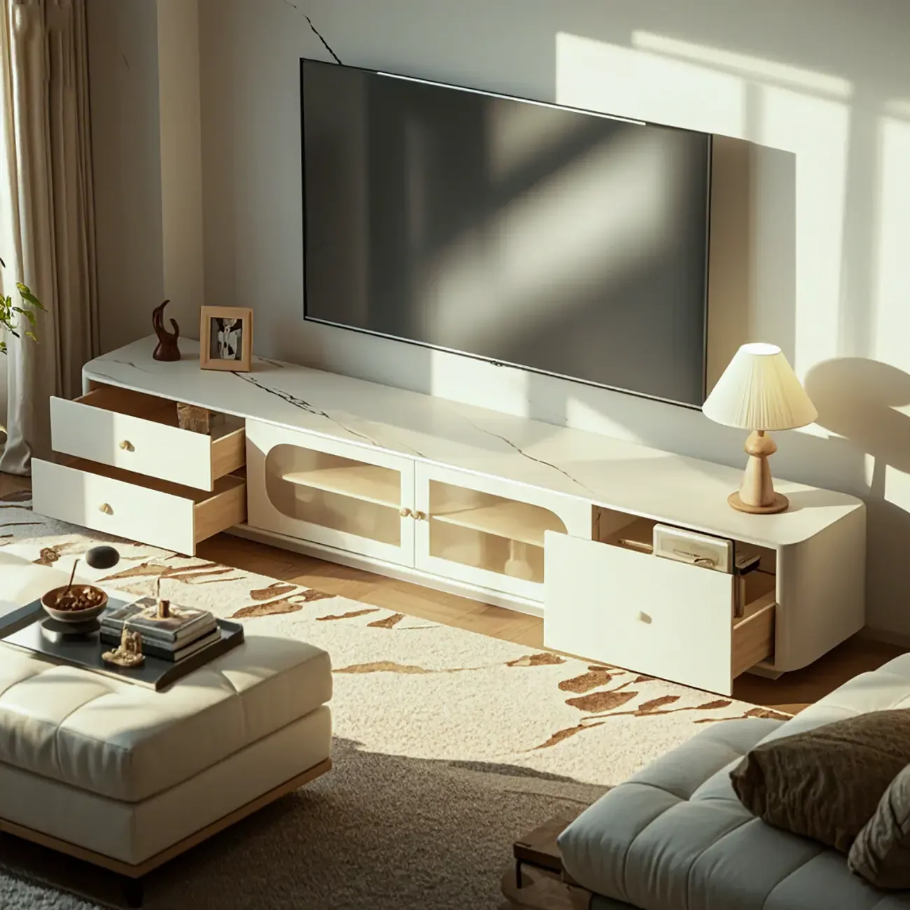 Modern Stone TV Stand with Storage and Cable Management Image - 2