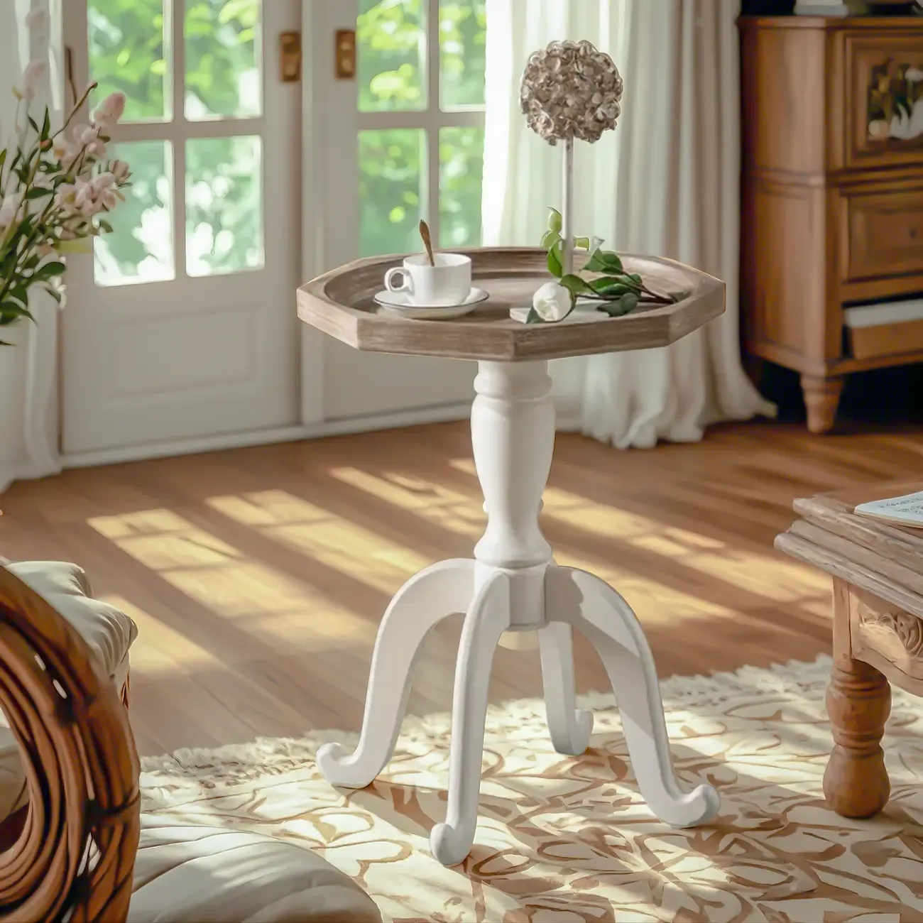 Rustic Wood Accent Side Table with Tray Top for Living Room Image - 2