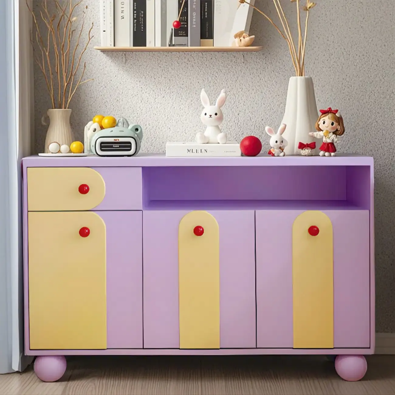Adorable Purple Accent Cabinet with Exterior Shelf  Image - 3 | homeyfad