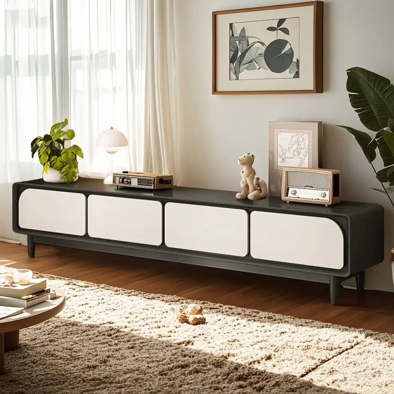 Contemporary Wooden TV Cabinet with Cable Management Image - 2