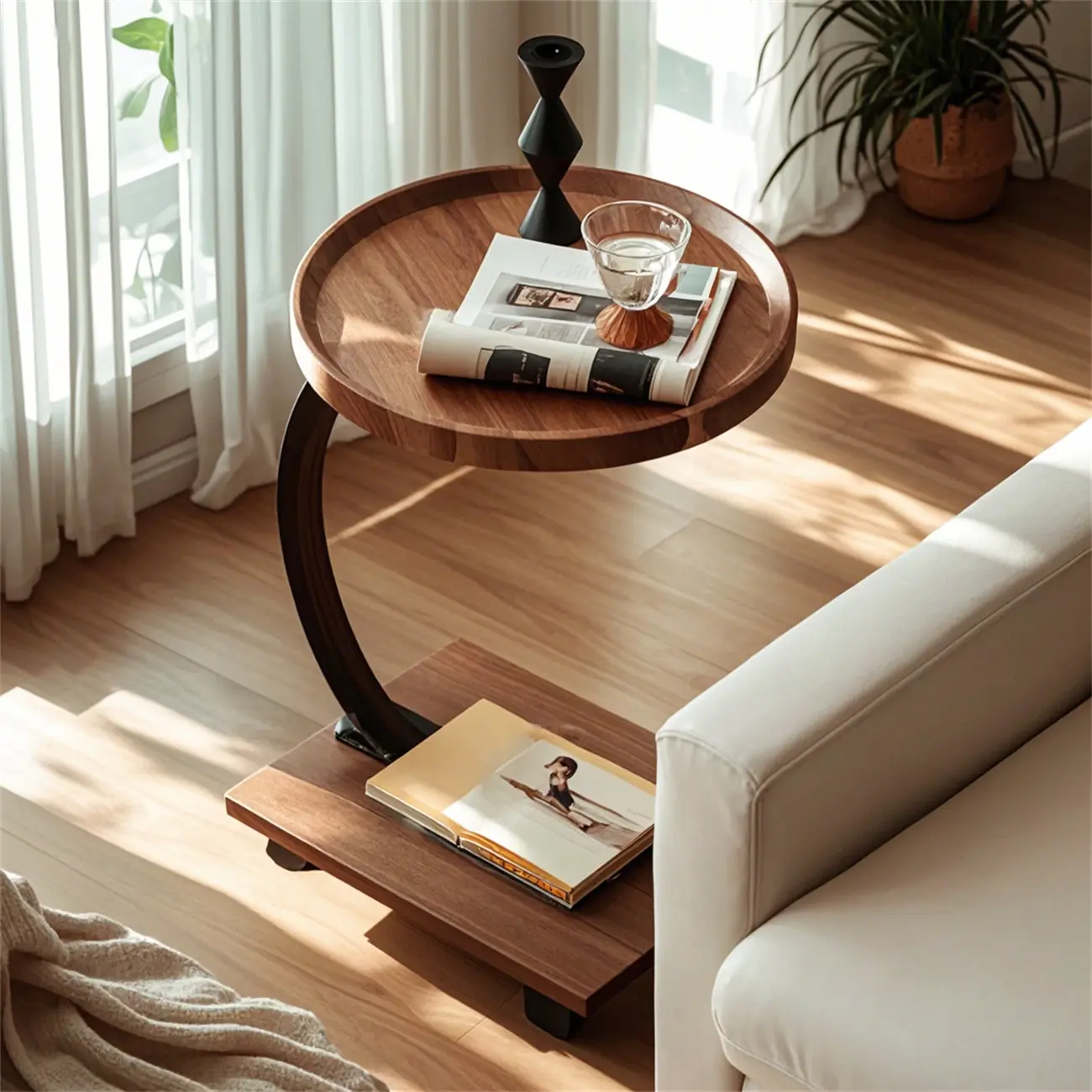 Wooden Round C-Shaped Side Table with Swivel Wheels Image - 1 | homeyfad