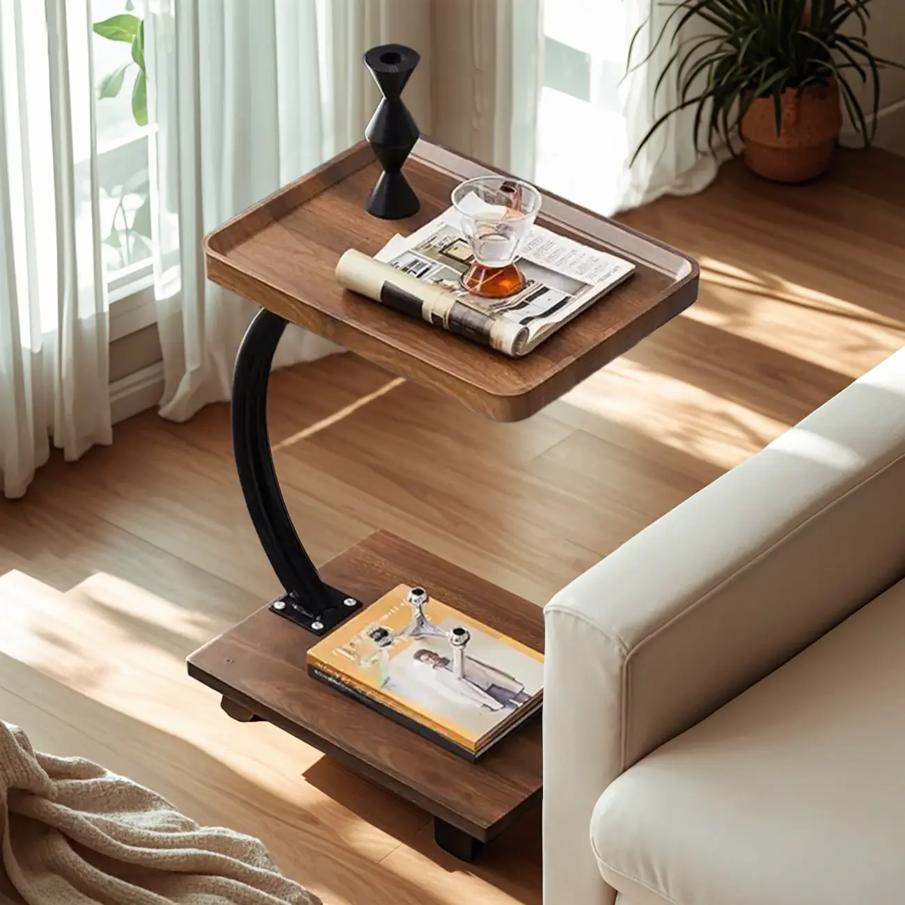 Wooden Round C-Shaped Side Table with Swivel Wheels Image - 2 | homeyfad