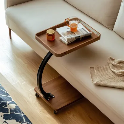 Wooden Round C-Shaped Side Table with Swivel Wheels Image - 3