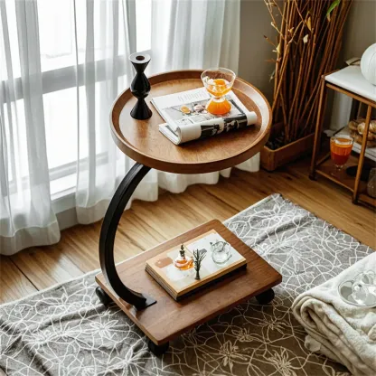 Wooden Round C-Shaped Side Table with Swivel Wheels Image - 4