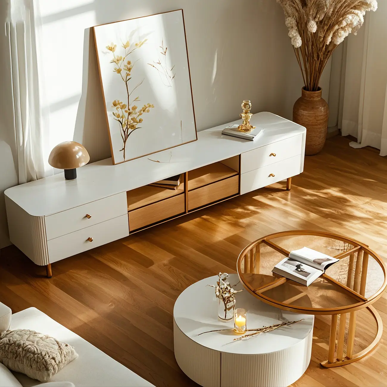 Modern Stone TV Stand with Lighting for Living Room Image - 1 | homeyfad