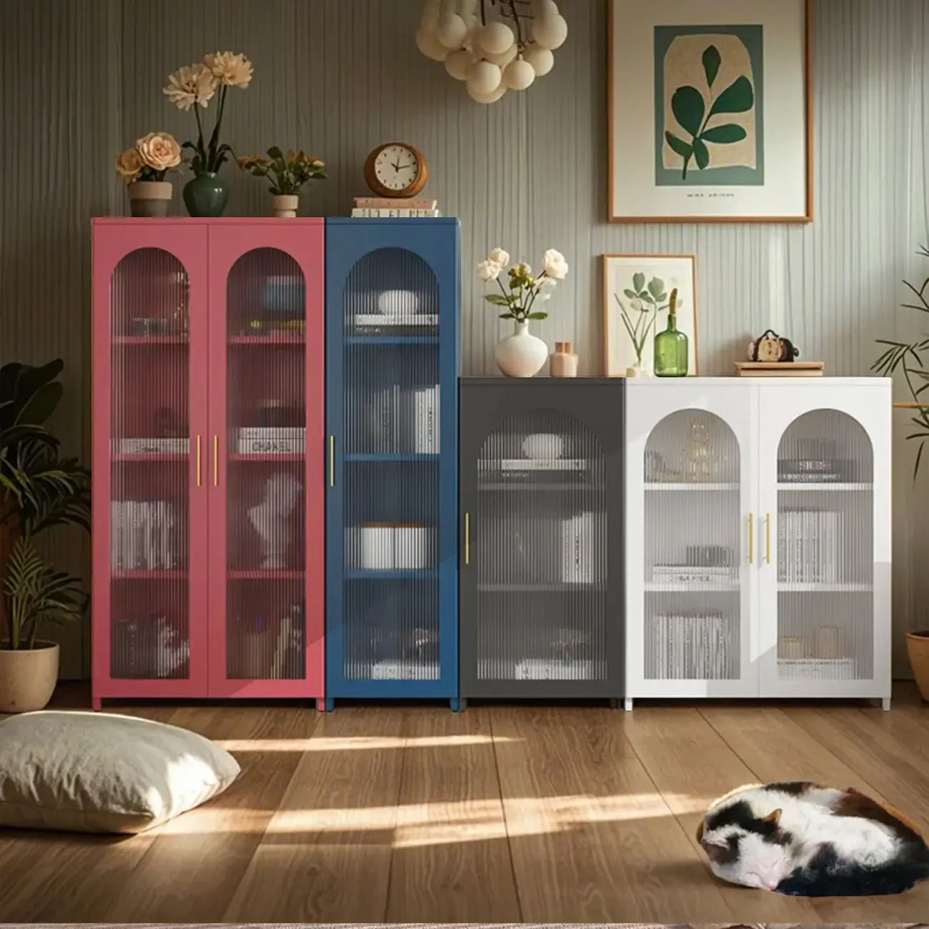 Modern Metal Vertical Storage Cabinet with Glass Doors Image - 3 | homeyfad